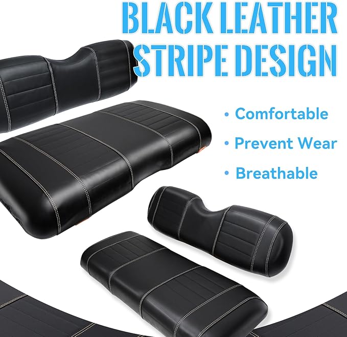 Golf Cart Seat Covers fits Club Car Precedent/DS/EZGO RXV/TXT/Yamaha Front Rear Seat Cushion，Black Leather Custom Stripe Soft Comfortable/Anti-Scratch/Easy to Clean