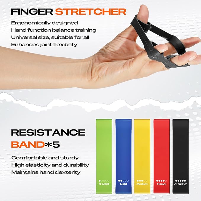 Hand Grip Strengthener Workout Kit (10 Pack),1 Forearm Grip Adjustable Resistance Hand Gripper, Finger Stretcher, Finger Presser, Grip Ring, Stress Relief Grip Ball & 5 Resistance Bands for Muscle Building and Injury Recover