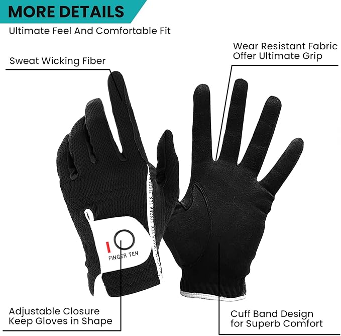 FINGER TEN Premium Rain Grip Men's Golf Gloves 1 Pair, Hot Wet Weather No Sweat Glove for Serious Feel & Performance, Left Right Hand Black Gray White Blue Fit Size S M L XL 2XL 3XL