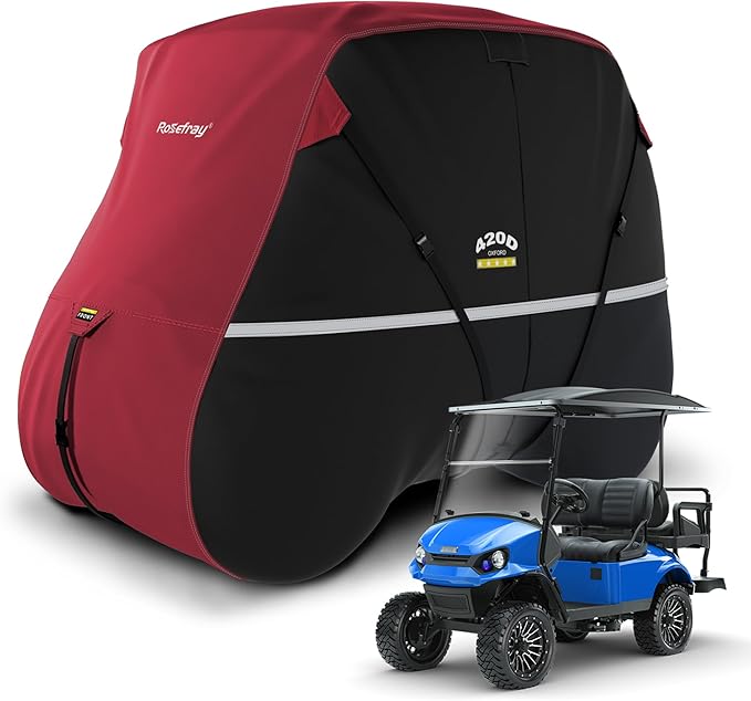 Rosefray Golf Cart Cover – Heavy-Duty 420D Oxford Fabric, Waterproof & Windproof Design – Fits Club Car, EZGO, Yamaha 2+2/4 Passenger Carts Black/Red