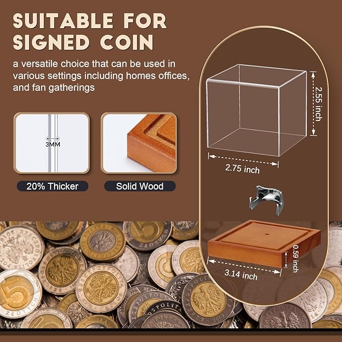 JupDec Coin Display Case, Clear Acrylic Showcase with Wood Base & Alloy Holder for Single Challenge Coin, UV Protection Souvenirs and Collectibles Box, Ideal Gift for Coin Fans, Brown