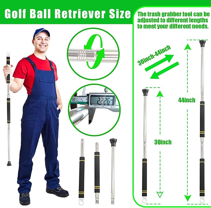 Golf Ball Picker Upper,30 to 44In Golf Ball Retriever with Suction Cup Heavy Duty Stainless Steel Tube Scramble Stick with Sponge Long Handle Lightweight Easy to Carry Golf Ball Grabber