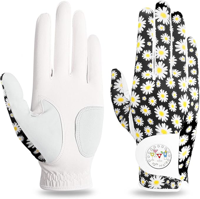 FINGER TEN Stylish Golf Gloves Women with Ball Marker 1 Pack for Left or Right Hand, Breathable Glove with Fashion Patterns for Ladies Right Left Handed Golfer