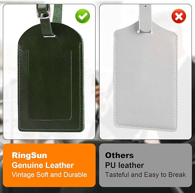 Ringsun Genuine Leather Luggage Tag for Suitcases ID Tags Bag Tags for Luggage (2 Pack)