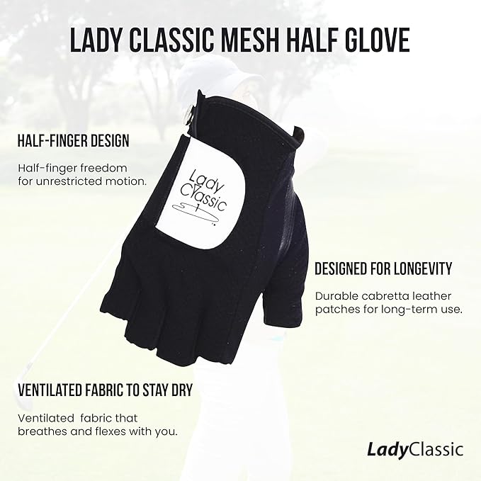 Mesh Half Golf Glove for Women – Premium Cabretta Leather Palm, Breathable Mesh Back, Half-Finger Design Ladies Golf Glove for Enhanced Grip & Comfort