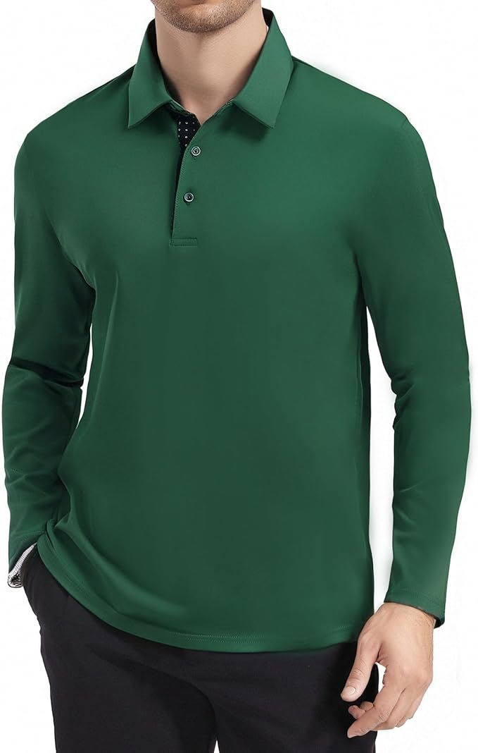 Alex Vando Mens Golf Shirt Moisture Wicking Quick-Dry Solid Long Sleeve Polo Shirts for Men