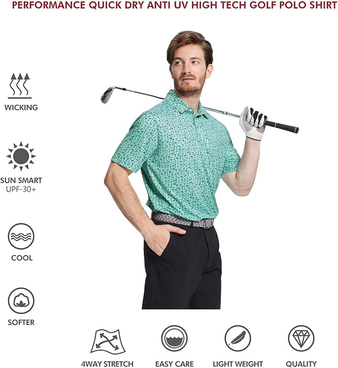 Golf Shirts for Men Dry Fit Short Sleeve Print Performance Moisture Wicking Polo Shirt