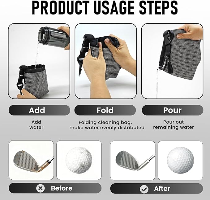 Golf Club and Golf Ball Cleaning Bag - Cleans Club Grooves, Waterproof Clean Face Tech, Detachable Clip, Machine Washable, Stay-Dry Exterior,Golf Gift for Men(1, GRAY)