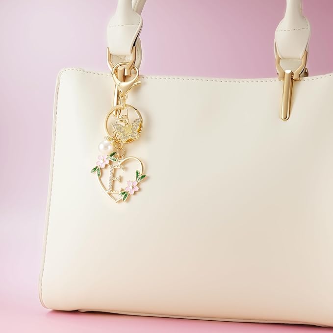 Gold Heart Initial Letter Keychain for Women Key chain Keyring for Purse Handbags Backpack Charm