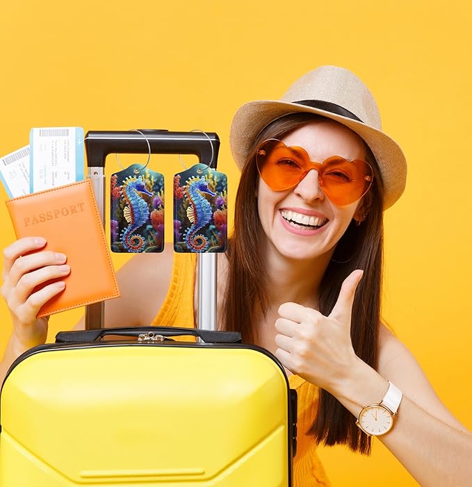 TSA Approved Luggage Tags for Suitcases Seahorse 2 Pack Funny Leather Carnival Cruise Airport Cute Travel Name Tags Golf Bag tag Ships Essentials Privacy Cover ID Label for Women Men