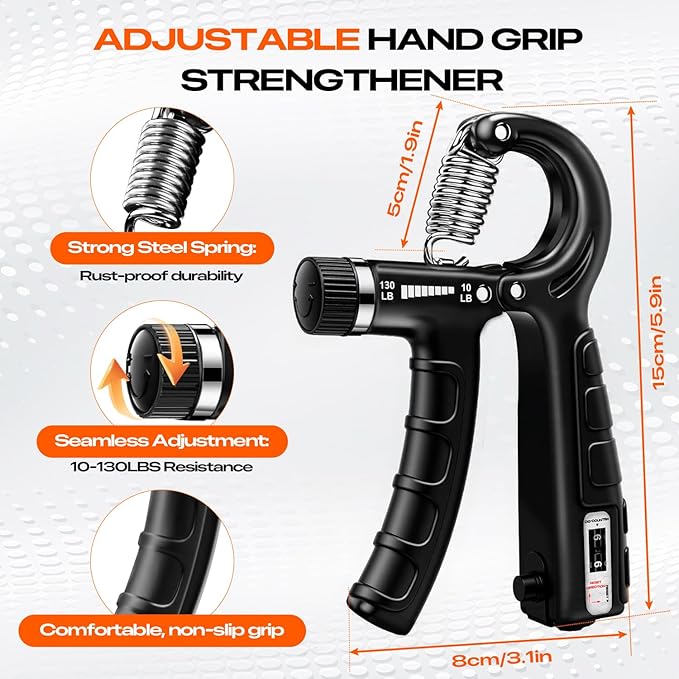 Hand Grip Strengthener Workout Kit (10 Pack),1 Forearm Grip Adjustable Resistance Hand Gripper, Finger Stretcher, Finger Presser, Grip Ring, Stress Relief Grip Ball & 5 Resistance Bands for Muscle Building and Injury Recover
