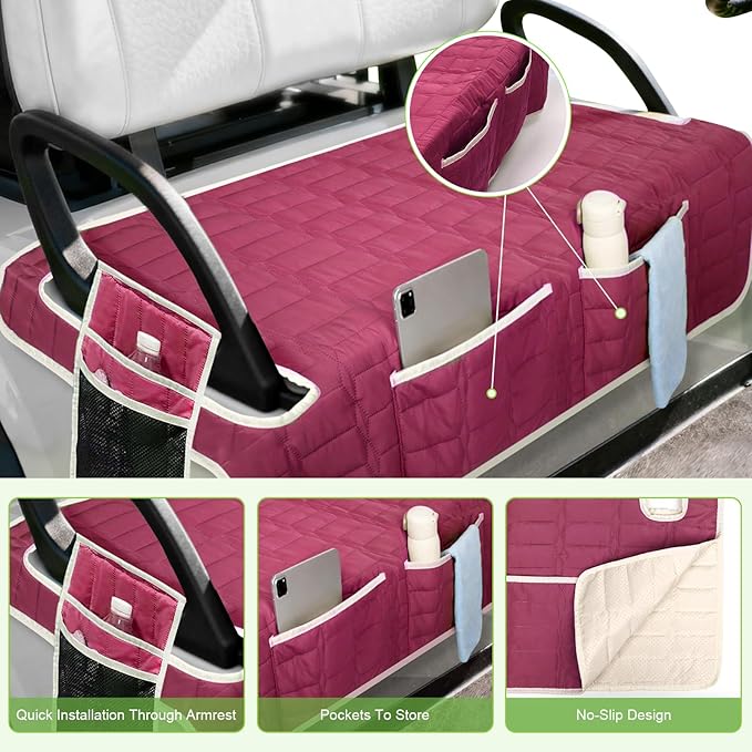 Golf Cart Seat Cover, Universal Bench Seat Cover with Storage Pockets, Non-Slip Seat Protector for Golf Cart, Fits EZGO Club Car Yamaha, Easy Install
