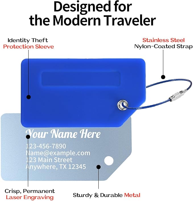 Personalized Luggage Tags for Suitcases, Custom Metal Luggage Tag for Bag with Silicone Sleeves, Durable Travel Tags, Laser Engrave Name Text, Gift for Travelers, 3.5x2 Inches (Dark Blue)