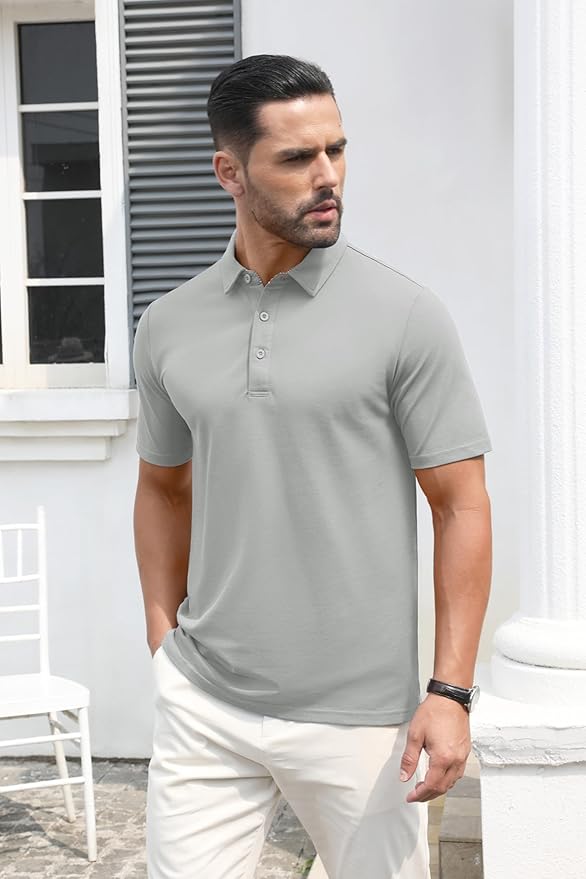 MAGCOMSEN Men's Polo Shirts Short Sleeve Cotton Pique 3 Button Classic Fit Casual T-Shirt Performance Golf Shirts