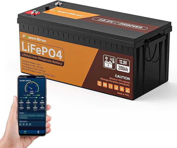 12V 200Ah Self-Heating LiFePO4 Lithium Battery with Smart APP, 4000+Cycle LiFePO4 Battery, Built-in 200A BMS, Wireless Real-Time Battery Monitor Function for RV, Marine, Off Grid Application