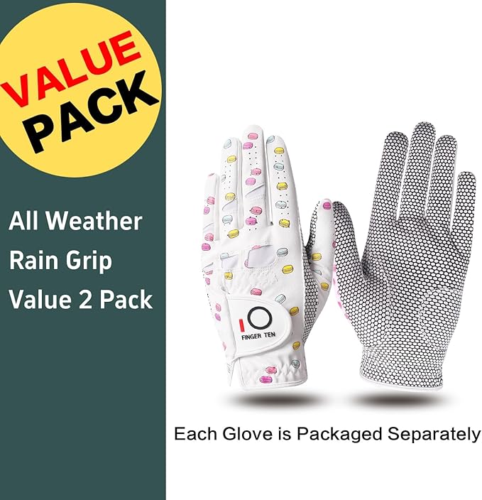 FINGER TEN Non Slip Golf Gloves Women 2 Pack for Left Right Handed Golfers, All Weather Grip & Comfortable Glove for Serious Performance, Fit Size Medium Small Large