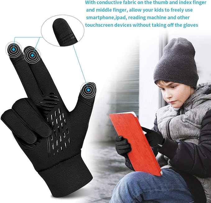 Kids Winter Gloves Back Water Repellent Touchscreen Warm Fleece Anti-Slip for Boys Girls Teen 3-15 Years