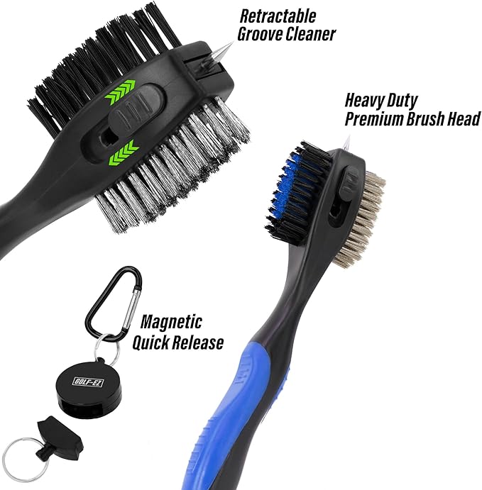 Magnetic Oversized Golf Club Cleaning Brush - 2X Bigger Brush Head with Quick Release and Retractable Groove Cleaner