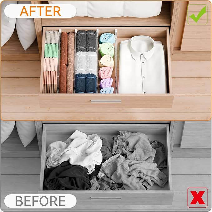 Yieach 12Pack 3.2 Inch Shallow Acrylic Drawer Dividers for Clothes -Expandable from 15-21''- Adjustable Drawer Dividers for Baby Clothing,Sock,Underwear,Clear in Drawer Separators for Dresser,Kitchen