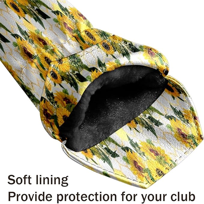 Golf Club Head Cover Waterproof Leather for Driver & Fairway Wood, Driver Headcovers, Golf Accessories for Men Women, Anti-Scratch, Golf Gift for Golfers, 1/3/5 Wood Cover Yellow Sunflowers Bee