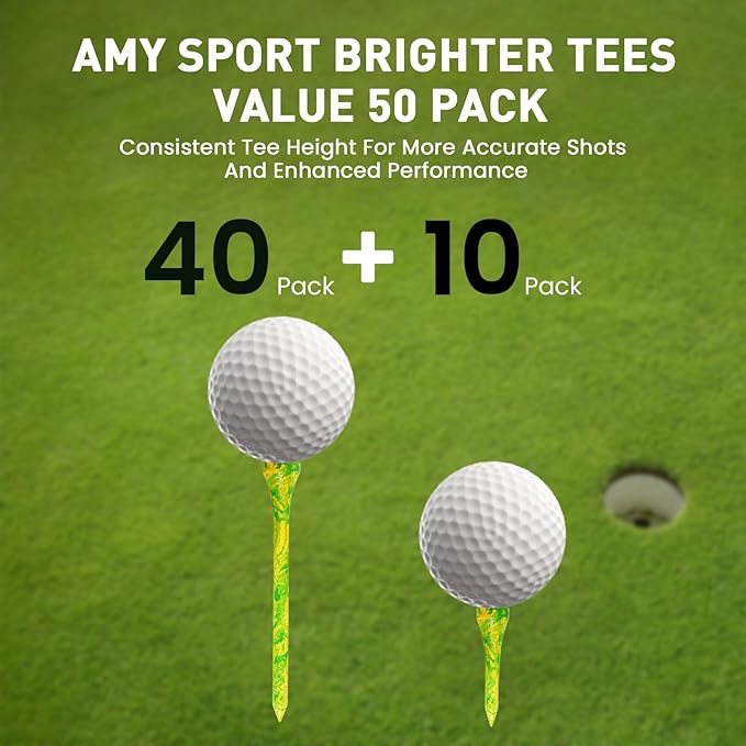 Golf Tees Styllish Bamboo Wooden Coloured Painted 50 Pack, 2 3/4 or 3 1/4 Inch Tee with 10 More Short 1 1/2 Inch Driving Range Tees, Enhanced Visibility Pink Green for Men Women