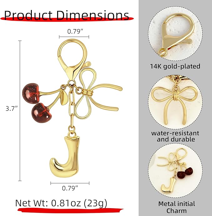 Gold Bubble Heart, Cherry, Bow & More Designs Letter Initial Keychain Bag Charms – Cute Purse Charms for Handbags