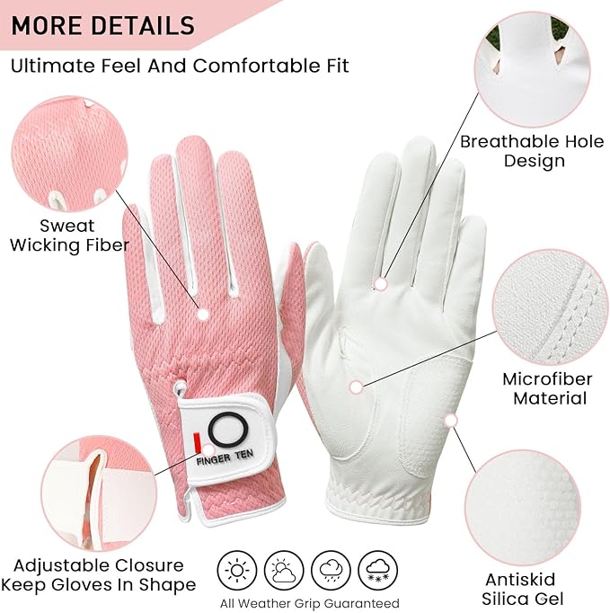 FINGER TEN Womens Golf Glove Right Handed Golfer Left Hand 1 Pack Golf Gloves Rain Grip Hot Wet All Weather Mesh for Women Girls Ladies Small Medium Large