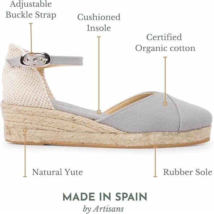 Girona Authentic Spanish Espadrille Wedge Sandals for Women - Sustainable, Eco Friendly, Vegan Shoes. Classic Style, Organic Cotton Canvas Upper, Comfy Insole, Jute Midsole, Rubber Sole. Made in Spain