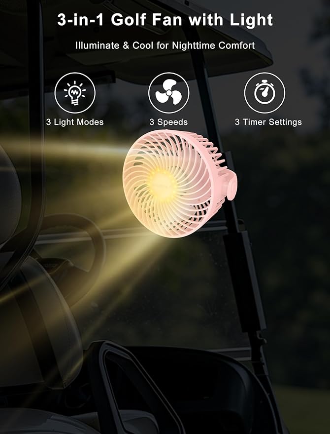 2-Pack Magnetic Golf Cart Fan Rechargeable, 12000mAH Battery Operated Portable Fan with 3 Speeds, LED Lantern, Magnetic Base, Suitable for EZGO Club Car Yamaha, Golf Cart & Cruise Ship Accessories