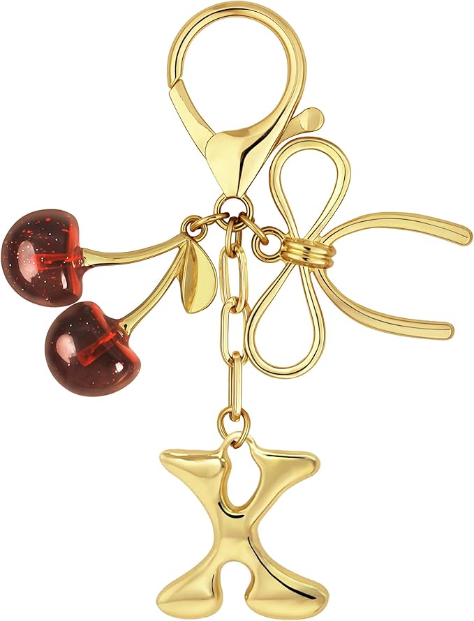 Gold Bubble Heart, Cherry, Bow & More Designs Letter Initial Keychain Bag Charms – Cute Purse Charms for Handbags