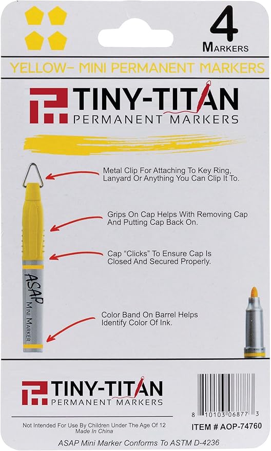 Tiny-Titan Mini Markers, Mini Markers, Keychain Clip, Golf Ball Marker, Clip On Nurse's Badge - Mini Markers - YELLOW Ink - Fine Point - 4 Pens Per Pack