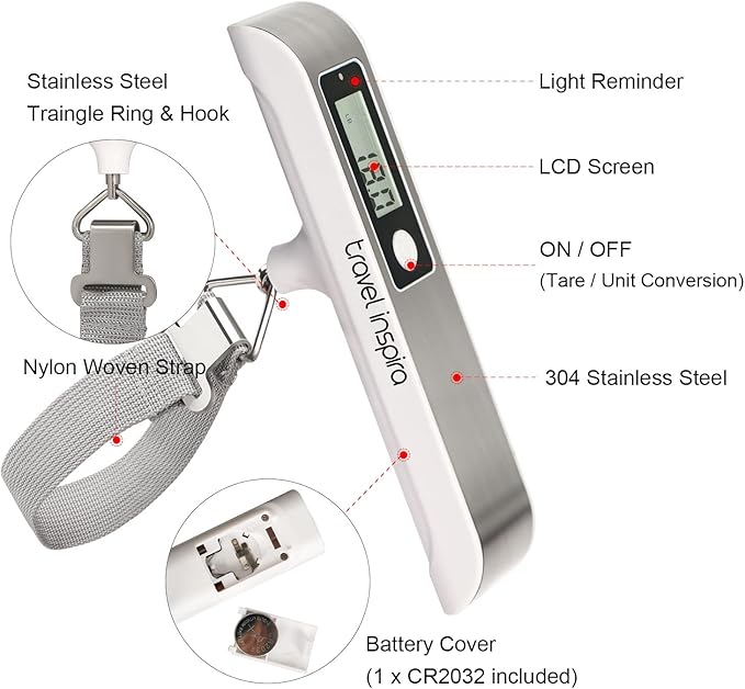 travel inspira Luggage Scale, Portable Digital Hanging Baggage Scale for Travel, Suitcase Weight Scale with Rubber Paint, 110 Pounds, Battery Included