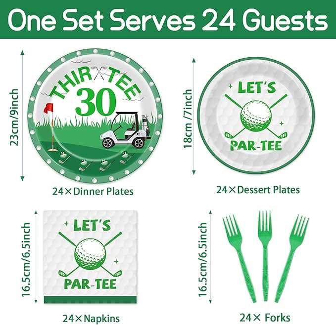 96 Pcs Golf 30th Birthday Party Decorations Golf Theme Tableware Set Golf Thir-Tee Plates Napkins Forks for Let's Par-Tee Men Women Birthday Dinnerware Green Sports Party Supplies 24 Guests