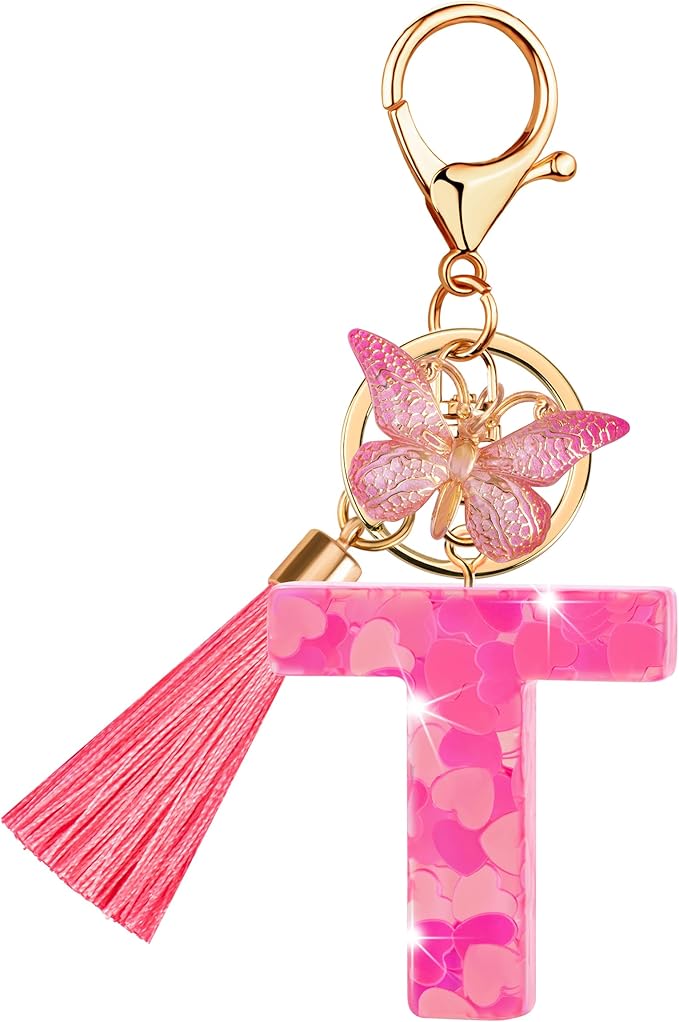 Suweibuke Colourful Cute Initial Letter Keychains for Women Girls with Tassel Butterfly, Charm for Purse Handbags Backpacks