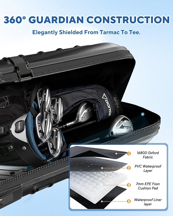 M KARMATER Golf Travel Bags for Airlines with Wheels - Foldable Hard Case with ABS Top and 1680D Heavy Duty Oxford, Full Padding Protection, 3 Storage Compartments for Golf Clubs and Accessories