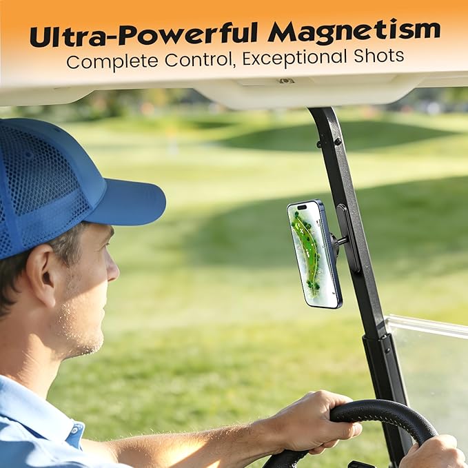 Magnetic Golf Cart Phone Holder (Premium Aluminum Alloy), 360° Rotation Golf Accessories, Compatible with iPhone & Android, Fits EZGO, Club Car, Yamaha, for Golfers, Men & Women