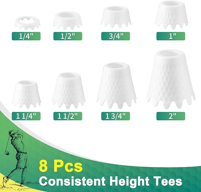 8 Pack ‌Simulator Golf Tees, TPU Unbreakable Material, Height from 1/4" to 2", Suitable for Indoor, Outdoor, Winter, Golf Mats, Turf and Driving Range
