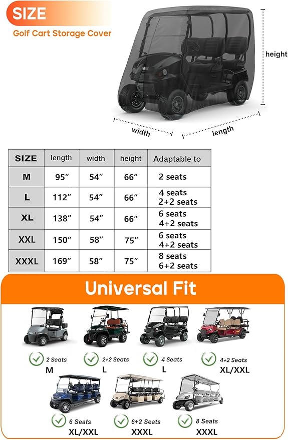 Golf Cart Cover 6 Passenger Heavy Duty, 420D Waterproof Golf Cart Covers Extended Roof Compatible with EZ GO Club Car Yamaha Golf Carts, Outdoor Dustproof 6 Seat Club Car Cover (Up to 138 Inch)