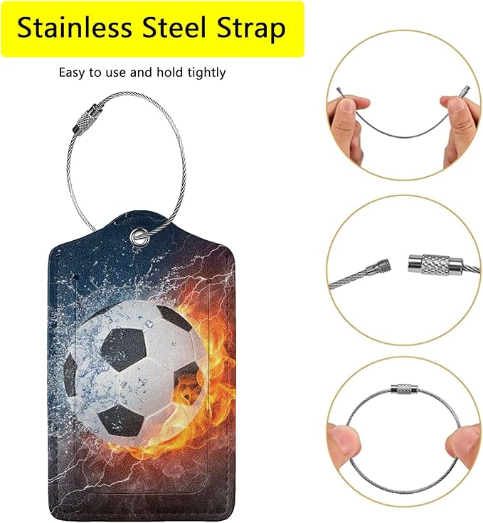 2 Pack Soccer Luggage Tags for Suitcases, Cool Leather Luggage Tag for Travel, Bag Tag Privacy Name ID Card Bag Labels for Friends Adults Kids Tourists Sports