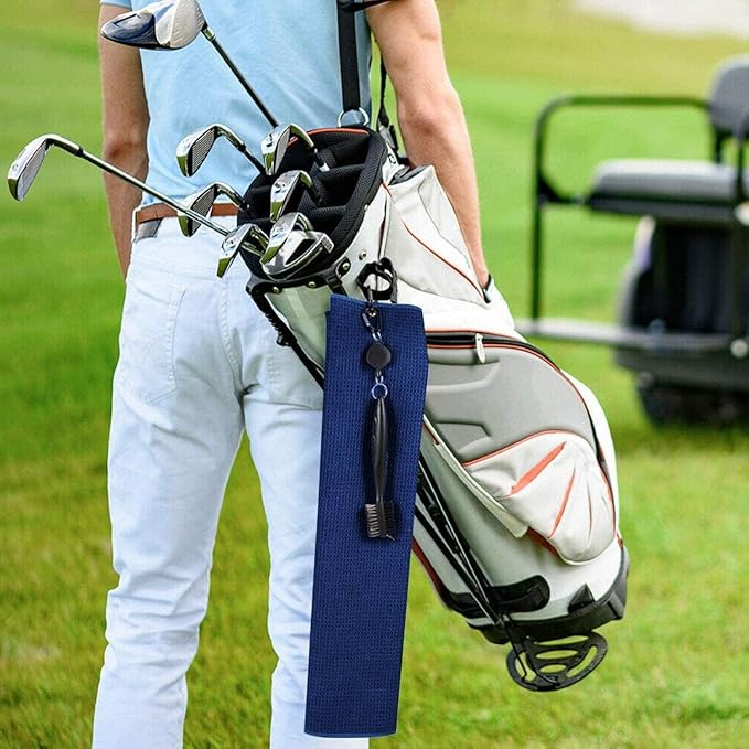 Golf Towels, Microfiber Waffle Pattern Tri-fold Golf Towel - Brush Tool Kit with Club Groove Cleaner, with Clip Men Women Golf Gifts (Navy Blue Towel+Black Brush)