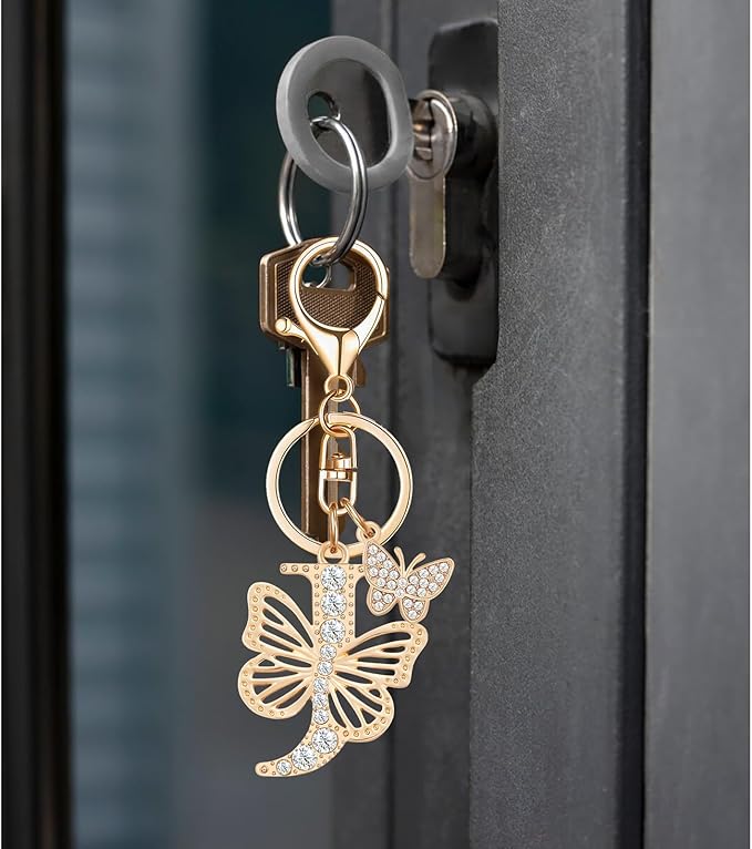 Gold Plated Alphabet Initial Letter Keyring Keychain for Women Girls Crystal Key Chains for Wallet Backpack Bag Charm