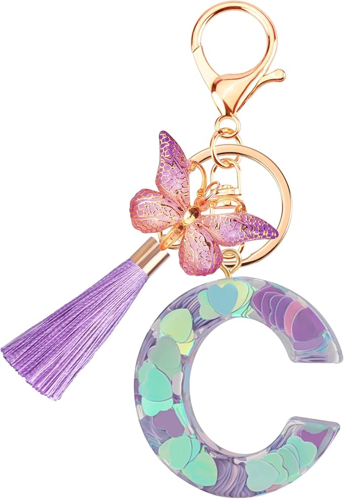 Suweibuke Colourful Cute Initial Letter Keychains for Women Girls with Tassel Butterfly, Charm for Purse Handbags Backpacks