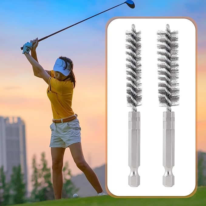 2pcs Golf Club Head Hosel Brush, Stainless Steel Bore Wire Brush with Hex Shank Handle, Golf Club Shaft Ferrules Cleaning Tool for Electric Drill- Silver