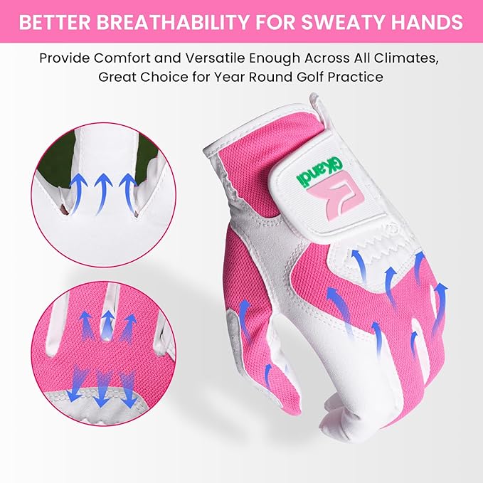 Golf Gloves Women Left Right Handed Golfer Rain Grip Hot Wet All Weather 2 Pack or 1 Pair, Womens Golf Glove Breathable Flexible Mesh for Ladies in Pink White