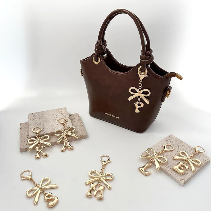Gold Bubble Heart, Cherry, Bow & More Designs Letter Initial Keychain Bag Charms – Cute Purse Charms for Handbags