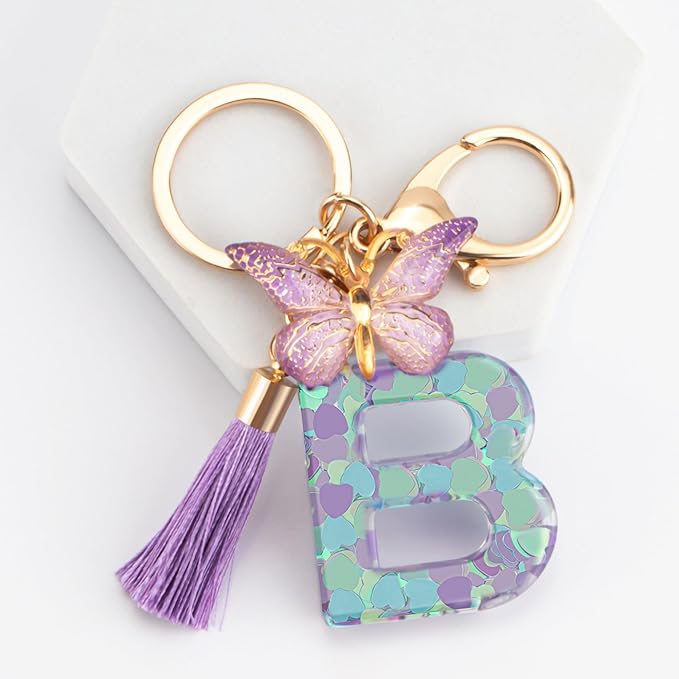 Suweibuke Colourful Cute Initial Letter Keychains for Women Girls with Tassel Butterfly, Charm for Purse Handbags Backpacks