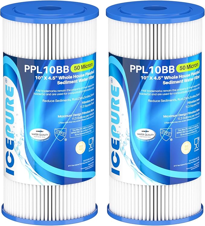 ICEPURE 50 Micron 10" x 4.5" Whole House Extra Coarse Pleated Sediment Filter for Well Water, Replacement Cartridge for GE FXHSC, Culligan R50-BBSA, DuPont WFHDC3001, W50PEHD, R50-BB, 2Pack