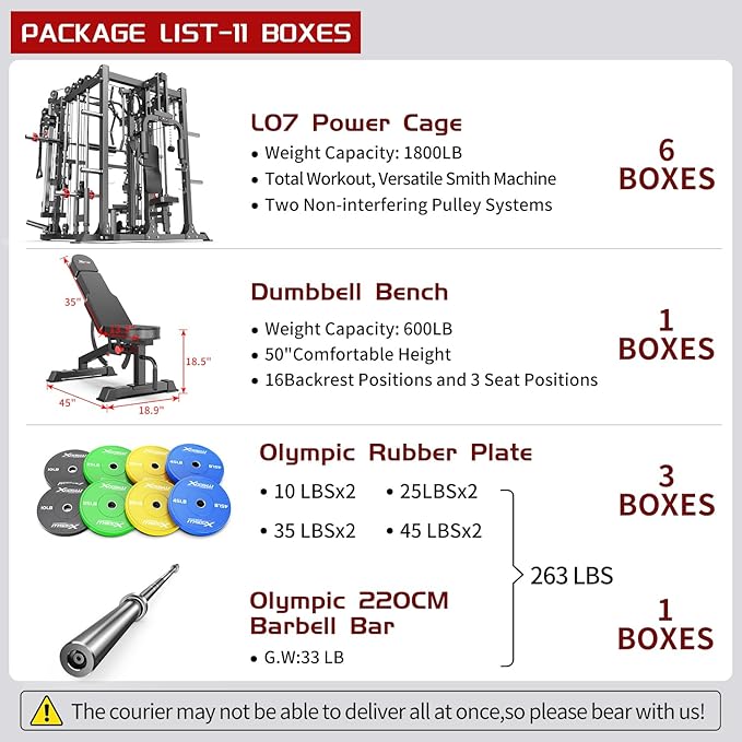 Smith Machine，Multi-Function Squat Rack Power Cage with Cable Crossover System,with Optional Weight Bench, Olympic Barbell Weight Set, for Home Gym