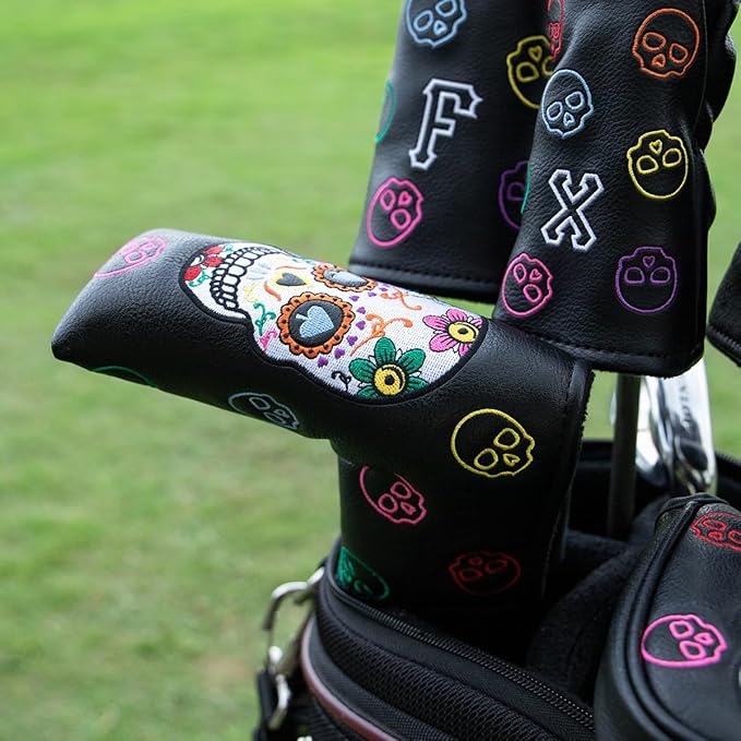 Montela Golf Club Covers,Colorful Skeleton Putter Cover Driver Covers Fairway Wood Headcover Hybrid Cover Leather Blade Putter Headcover Mallet for Brand