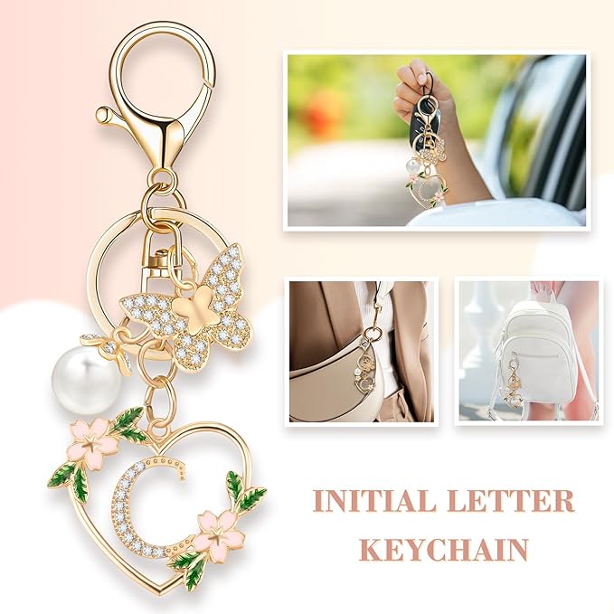 Gold Heart Initial Letter Keychain for Women Key chain Keyring for Purse Handbags Backpack Charm